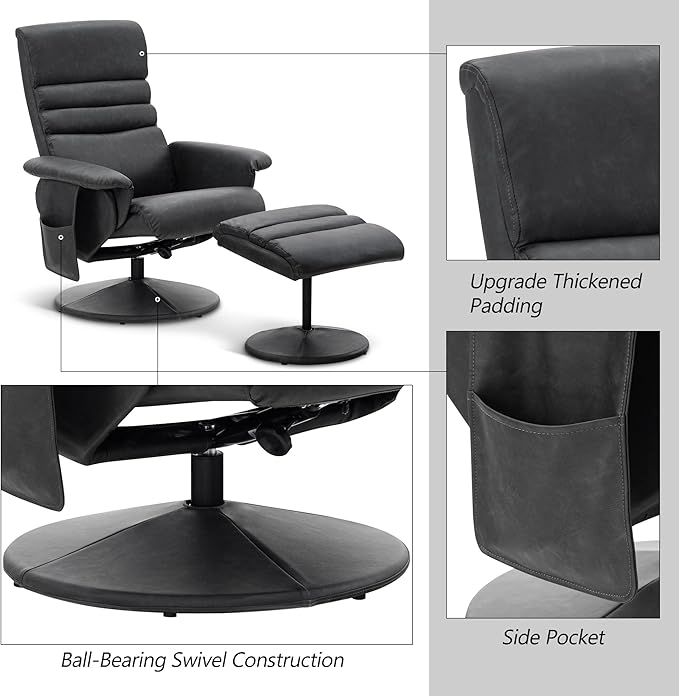 MCombo Recliner with Ottoman Reclining Chair with Massage 360 Swivel Living Room Chair Faux Leather 7902 (Dark Grey)