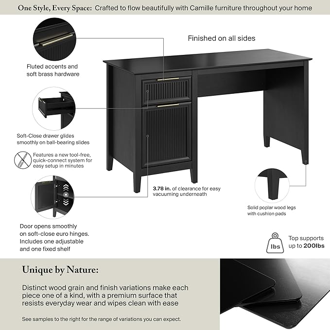 Bush Home 54-Inch Writing Desk with Storage Fluted Computer Study Laptop Table Workstation with Spacious Drawer and Door Storage Home Office Furniture Make Up Vanity Camille Collection Onyx Birch