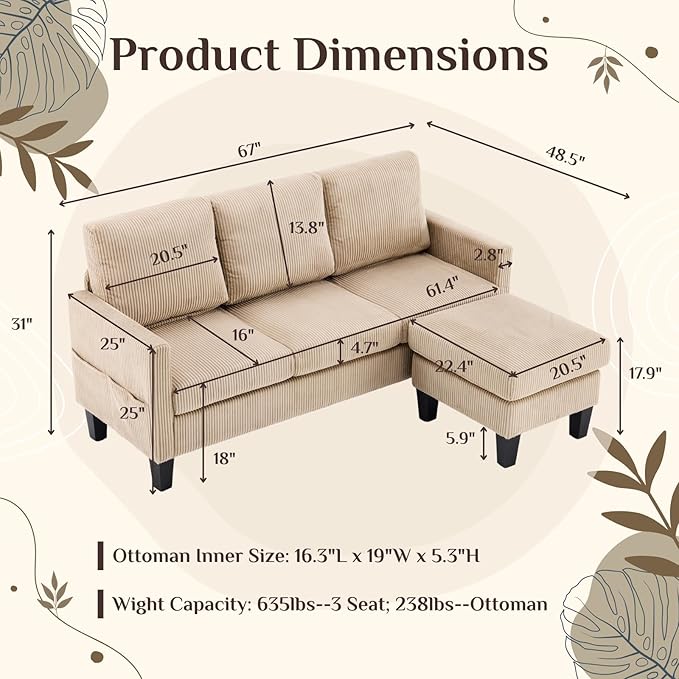 Karl home Small Sectional Couch L Shaped Sofa with Movable Storage Ottoman Corduroy Upholostered Sofa Chaise with Side Pockets for Living Room Apartment Studio Khaki