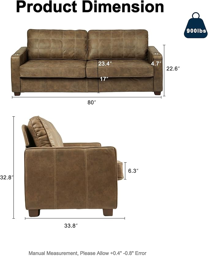 80 Inch Brown Faux Leather Sofa Couch - Wide Armrests with 2 Built-in Cup Holders Contrast Stitching Oversized Leather Love Seat Couches for Living Room Bedroom Apartment