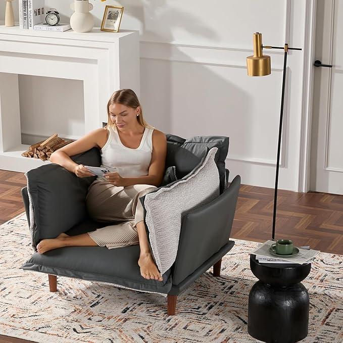 Leather Oversized Armchair Modern Accent Chair Single Sofa Lounge Chair Leather and Fabric Two-Faced Material 43.5 Wide 21.3 Seat Deepth for Living Room Bedroom (Blue Grey)
