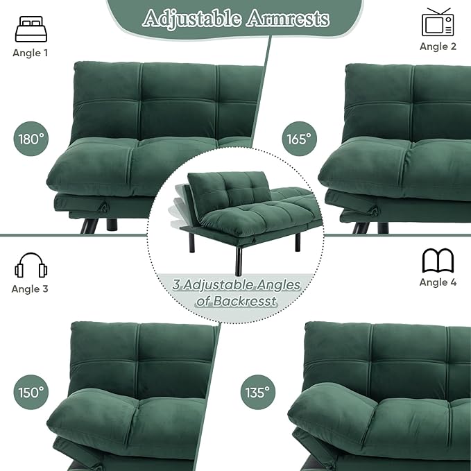 Convertible Velvet Futon Sofa Bed Comfy 72 L Sleeper Couch with Thicker Cushion Upholstered Modern Reclining Loveseat Folding Sofa for Small Living Room Dorm Apartment Office Emerald