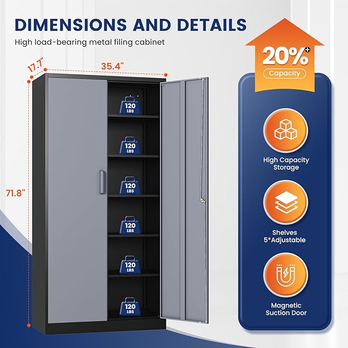 Yizosh Metal Storage Cabinet with Locking Doors and 5 Adjustable Shelves 72 Garage Storage Cabinet Steel Lockable for OfficeHomeGarage