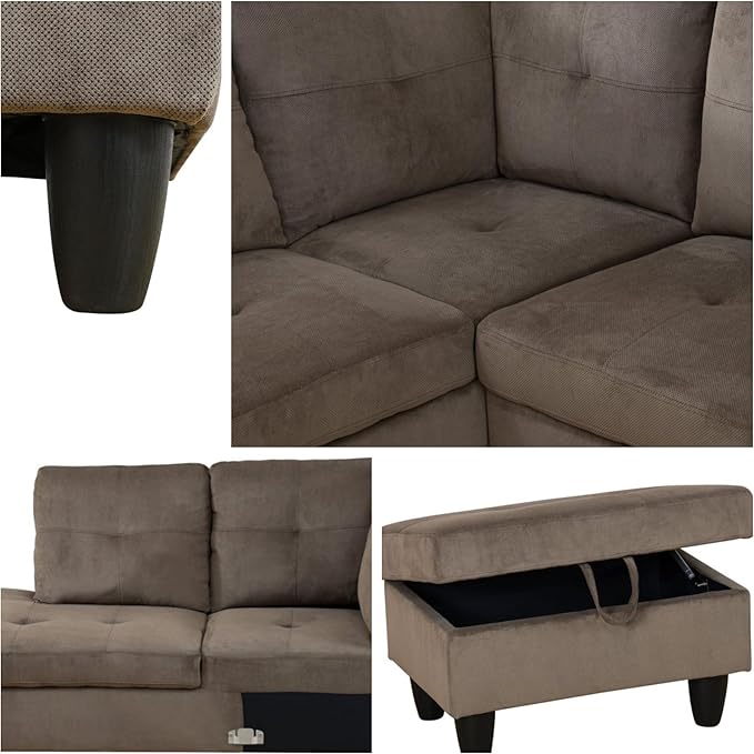 L-Shaped Sectional Sofa with Movable Chaise &amp Storage Ottoman Lounge 3-Piece Modular Convertible Couches for Living Room Apartment &amp Office Brown