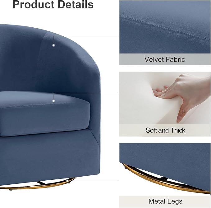 HULALA HOME Swivel Accent Chair with Gold Metal Base Set of 2 Contemporary Velvet Curved Swivel Barrel Chair Upholstered Club Armchair Leisure Single Sofa for Living Room Bedroom(Slate-Blue)
