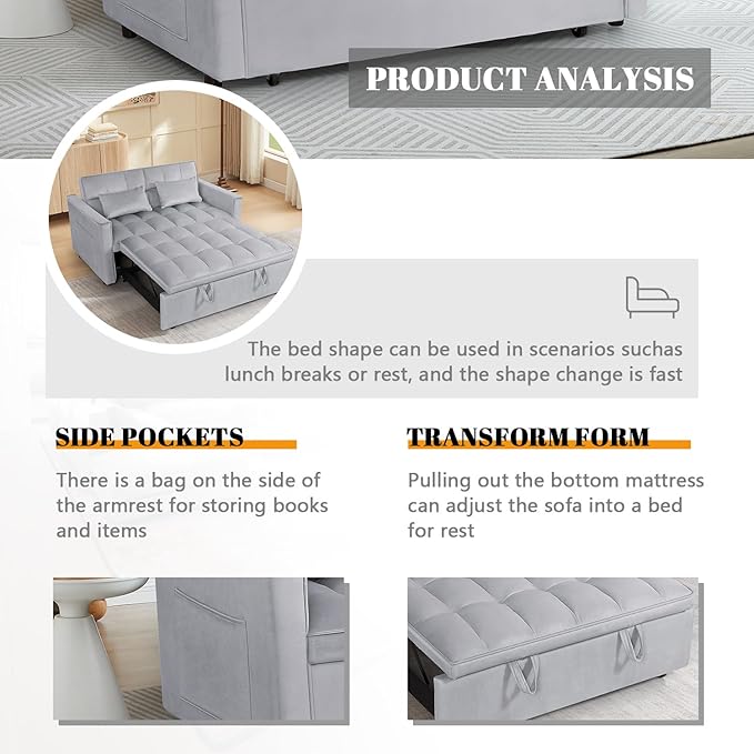 54 Convertible Sofa Bed Velvet Sleeper Sofa with Pull-Out Bed 3-in-1 Futon Couch with Reclining Backrest and Side Pocket Modern Loveseat for Living Room (Silver Grey)