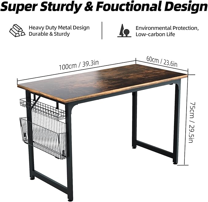 ASTARTH Study Computer Desk-40 Inch Home Office Desk Wood Storage Table Modern Writing Style Laptop Table Black Metal Frame PC Table with Storage Basket and Headphone Hooks Rustic Brown