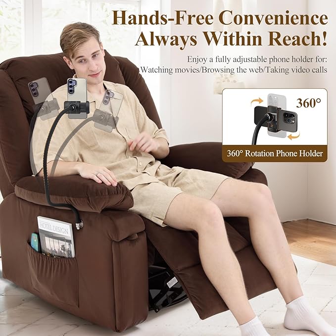 COLAMY Swivel Rocking Recliner Glider Sofa Chair with with Phone StandMassage FunctionHeatingIdeal for Living Room Office BedroomDarkbrown