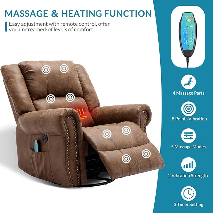 Manual 360 Degree Swivel Glider Rocker Recliner Chair with Massage and Heat USB Ports and 2 Side Pockets Bronze Suede Like Fabric Brown