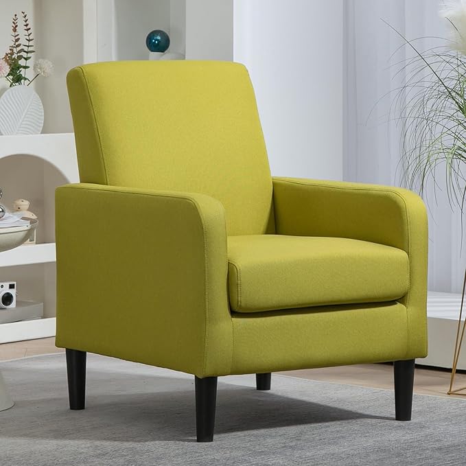 Minimalist Upholstered Armchair with Ergonomic Design Padded Seat &amp Curved Armrest Decorative Comfy Accent Chair Ideal for Living Room Bedroom Office Yellow Green