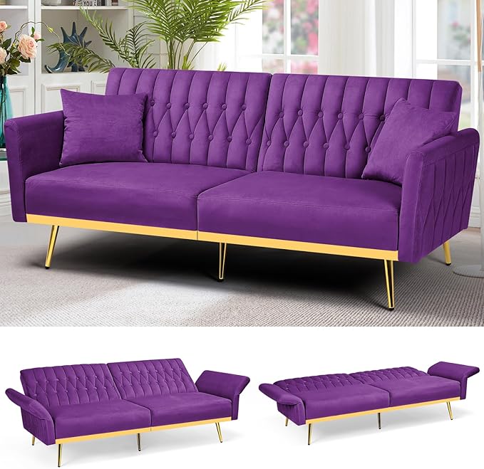 70” Velvet Futon Sofa Bed with 2 Pillows and Adjustable Armrests Convertible Sleeper Bed W/Adjustable Backrests Modern Loveseat for Living Room Bedroom Purpel