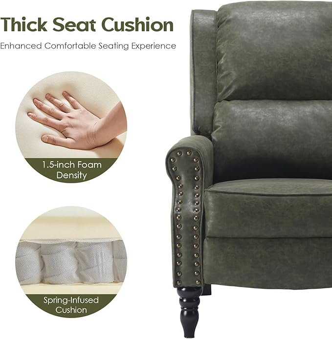 Leather Recliner Chair Pushback Recliner Chair with Adjustable Backrest Footrest Mid-Century Modern Living Room Reclining Chairs with Lumbar Support for Reading Bedroom (Dark Green)