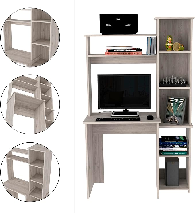 Light Gray Desk with 5 Shelves &amp Superior Storage - Modern Home Office Workstation
