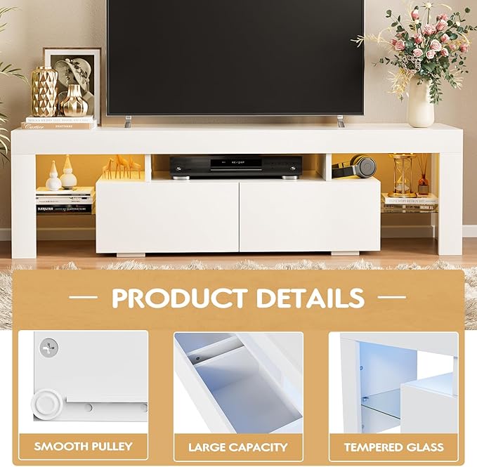 JUMMICO TV Stand with LED Lights Modern Entertainment Center Media and Open Shelf Console Table Storage Desk with 1 Drawer and Remote Control 20 Color LED Lights up to 70 Inch TV (White)