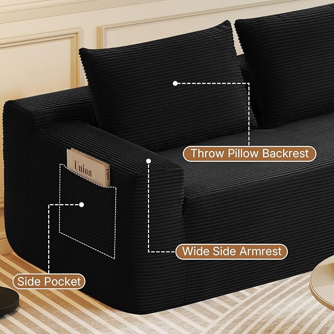 Rovibek 97 Black Boneless Couch Modular Sectional Sofa with Chaise Compressed Corduroy Couch with Deep Seat No Assembly Required