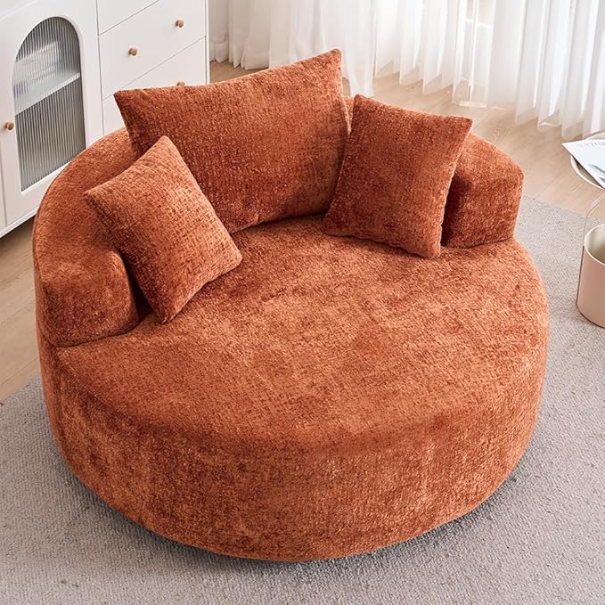 54.3″ Round Swivel Couch Plush Chenille Deep Seat Cozy Reading Chair XL Modern Oversized Swivel Accent Barrel Chair for Living Room Bedroom Lounging (Orange)