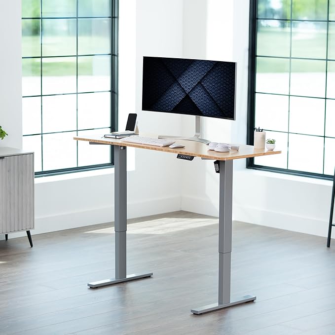 VIVO Electric 60 x 24 in Real Bamboo Standing Desk Memory Height Adjustment 1B Series Holds 220 lbs One-Piece Top Gray Frame DESK-KIT-1G6O