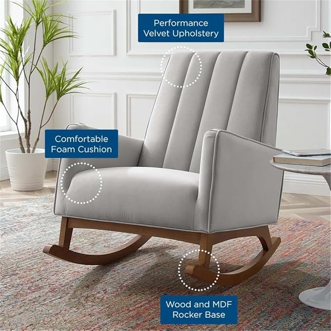 Maklaine Modern Performance Velvet Rocking Chair 36.5H x 27.5W x 39D Light Gray Upholstery Stain-Resistant Fabric Channel Tufting Wooden MDF Base Comfortable Accent Chair for Living Room or