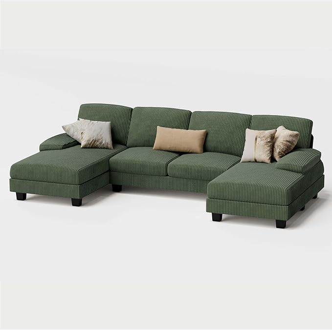 Furmax Sectional Couches for Living Room U-Shaped Sofa Couch with Linen Fabric 4 Seat Sofa Set with Double Chaise for Apartment (Corduroy Dark Green)