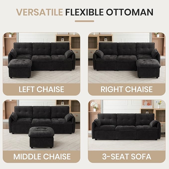 98'' Modular Sectional Cloud Couch with Movable Ottoman 3-Seater Chenille Deep Seat Sofa with Throw Pillows L Shaped Sectional Couches for Living Room Apartment(Black 3-seat)