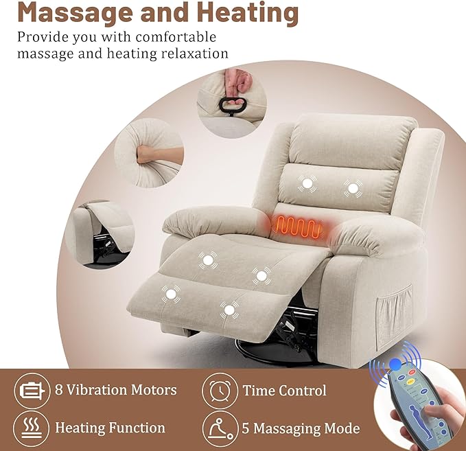 Rocker Recliner Chairs for Adults Oversized Recliner with Massage and Heating Function 360° Swivel Nursery Rocking Chairs Extra Wide Recliner Chair for Bedroom and Living Room