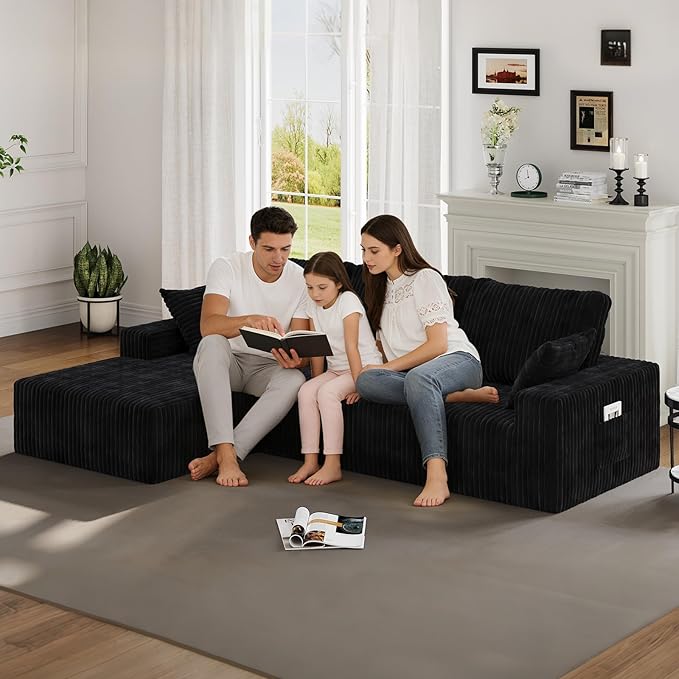 107 Sectional Couches 4 Seat Modular Sectional Sofa with Left Chaise Lounge Boneless Cloud Couch Upholstered Couch for Apartment Living Room No Assembly Required (Black Stripe)