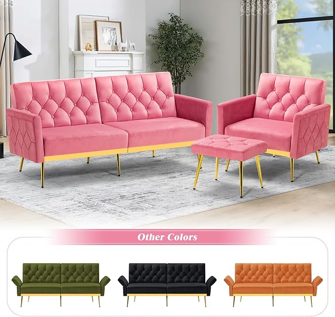 Velvet Futon Sofa Bed w/Adjustable Armrests &amp Backrests Button Tufted Sleeper Couch Modern Convertible Loveseat Sofa for Bedroom Living Room Apartment Pink