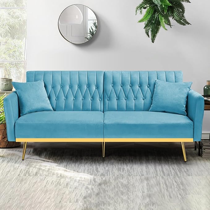 70” Velvet Futon Sofa Bed with 2 Pillows and Adjustable Armrests Convertible Sleeper Bed W/Adjustable Backrests Modern Loveseat for Living Room Bedroom Baby Blue