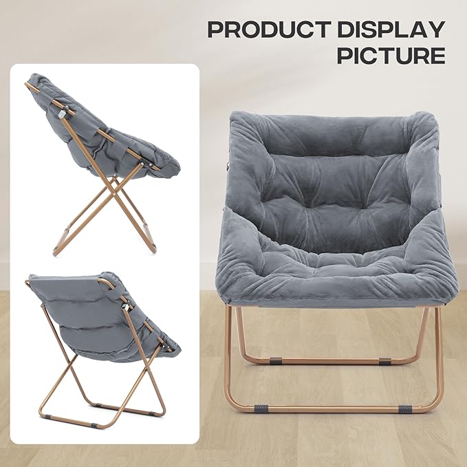 Cozy Saucer Chair Living Room Chair Faux Fur Soft Thick Padded Folding Chair Comfortable Square Moon Chair for Living Room Bedroom Reading Nook Modern Style 2 Pack Gray
