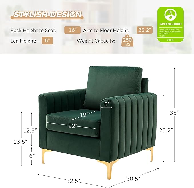 HULALA HOME Velvet Accent Club Chairs Set of 2 Modern Velvet Armchair Upholstered Accent Club Chairs Sofa Chairs with Gold Metal Legs Mid-Century Barrel Leisure Comfy Reading Armchair Green
