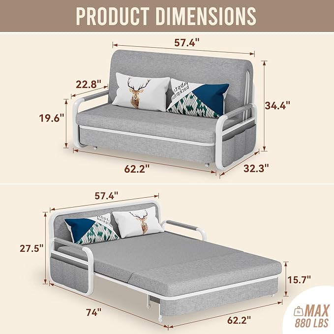 62 Pull Out Sofa Bed 3 in 1 Convertible Sleeper Sofa Full Size Loveseat Couch Bed with Storage Trundle and 2 Pillows for Living Room Bedroom Dorm Office RV (Stone Gray-809)