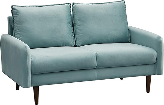 INSTORY Velvet Loveseat Mid-Century Modern Sofa Tufted Couch with Wooden Legs for Living Room - Cyan