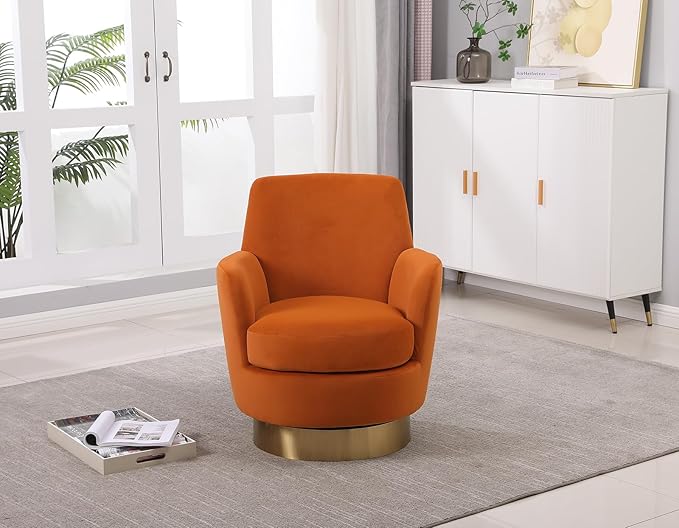 Velvet Swivel Accent Chair Upholstered Barrel Chair with Golden Base Comfy Sherpa Round Boucle Chair 362-degree Swivel Armchair for Living Room Bedroom Lounge Office Nursery Club Orange