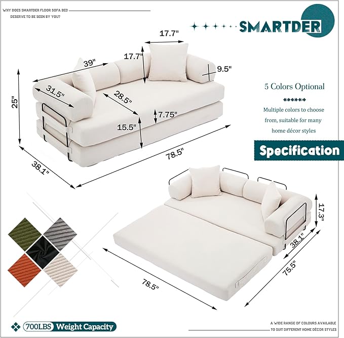 Convertible Folding Sofa Bed Modular Floor Sofa with Removable Backrest 3-Seater Fold Out Couch Bed with Pillows King Size Futon Lazy Couch Corduroy Sleeper for Living Room Dorm Beige