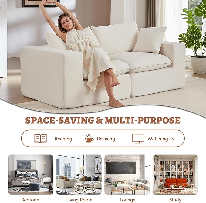 78” Cloud Loveseat Sofa with Cushions Boneless Couch in a Box Chenille Foam Couch for Bedroom Living Room Apartment Modern Small No Assembly (White)