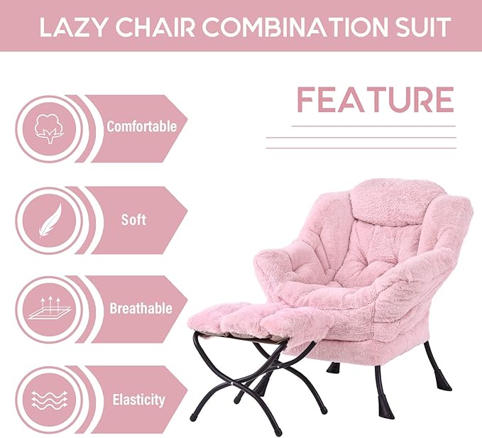 LITA Lazy Chair with Ottoman Modern Accent Leisure Upholstered Sofa Contemporary Lounge Reading Chair with Armrests and a Side Pocket for Living Room Bedroom &amp Small Spaces Plush Pink