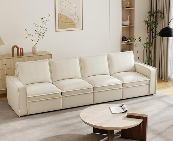 EALSON 119 Modular Sectional Sofa Modern Comfy 4-Seater Couch Sofa Linen Fabric Upholstered Cloud Couches with 24 Deep Seat and Wooden Legs for Bedroom/Living Room/Office White