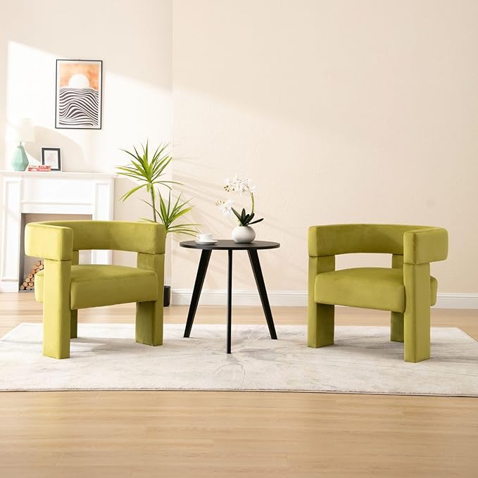 ROCTY Green Velvet Barrel Accent Chairs - Set of 2 Upholstered Side Chairs with Arms for Comfortable Sitting in Living Room or Bedroom