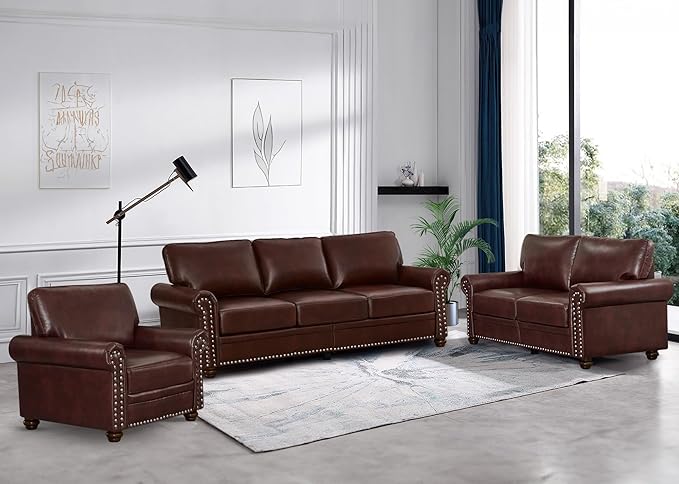 2 Piece Faux Leather Sofa SetModern Couch and Loveseat Sets with StorageMid Century Couch with Rivet Rolled ArmComfy Deep Seat SofaFurniture for Living RoomOffice(Loveseat+3 SeaterBurgundy)