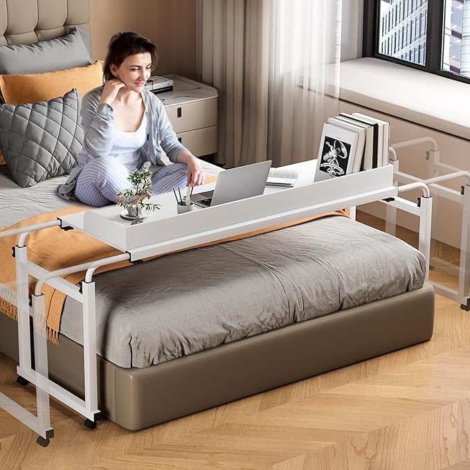 Adjustable Height Overbed Table Rolling Overbed Bedside Desk with Raised Baffle and Spacious Desktop Over BedTable with Wheels for Home Office Bedroom Hospital Use (White)