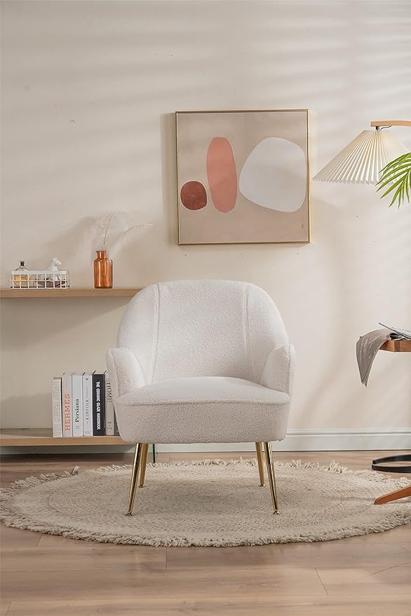 Modern Soft Green Teddy Fabric White Ergonomics Accent Chair Living Room Chair Bedroom Chair Home Chair with Gold Legs and Adjustable Legs Family Room Sofa Armchair Furniture for Indoor Home (White)