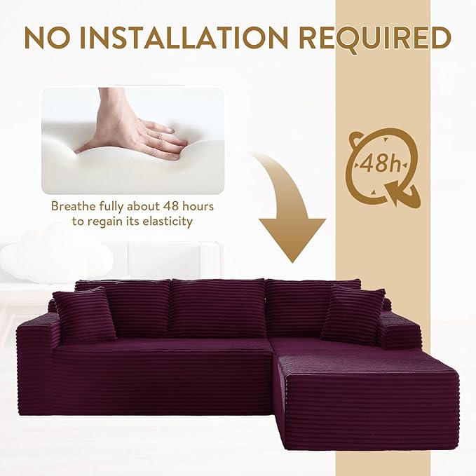 103 Cloud Sectional Couch with L-Shape Chaise Modern Minimalist Modular Sectional Sofa Fluffy Corduroy Upholstered Couches for Living Room No Assembly Required (Purple Right Facing Chaise)