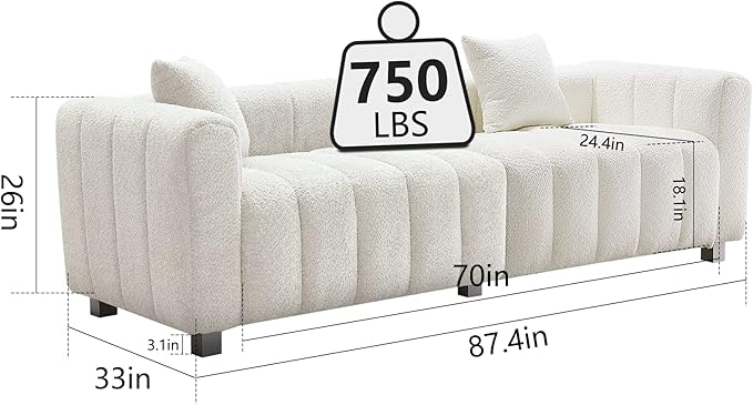87.4 Modern 3 Seater Boucle Sofa Couch for Living Room Mid Century Fluffy Couches with Solid Wood Frame and 6 Legs for Bedroom Apartment Weight Capacity 750 LBS (White)
