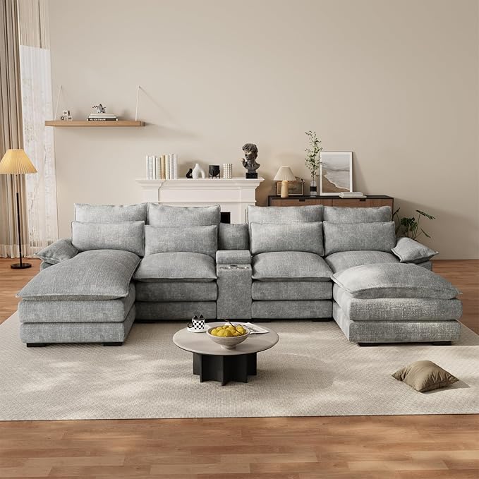OUYESSIR 135 U Shaped Sectional Cloud CouchGrey Sectional Couches for Living RoomComfy Fluffy Chenille Oversized Cloud CouchModular Sectional Sofa with Central Console &amp Double Chaise Lounge