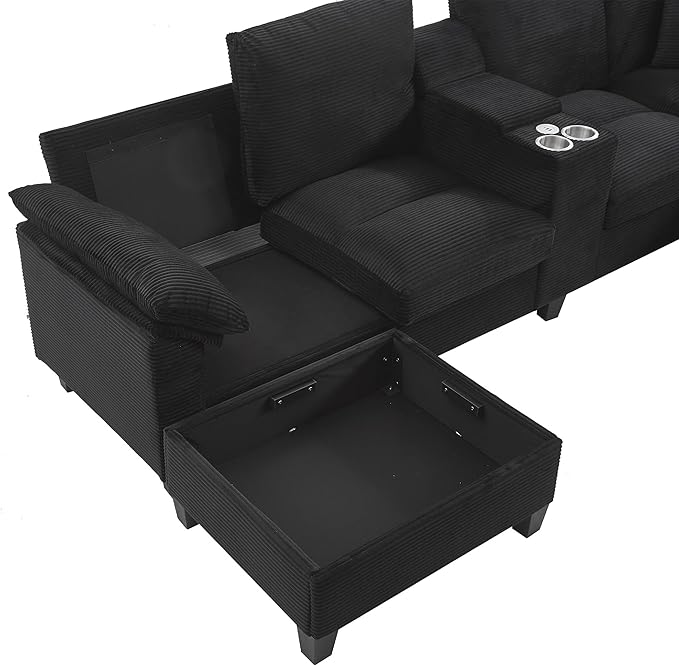 Modern U-Shaped Sofa 116.9 Sectional Sofa Corduroy Upholstered Sofa Couch with Storage Ottomans Cup Holders and USB Ports for Living Room (Black-X70)