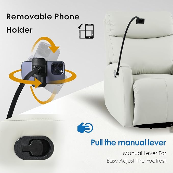 Swivel Rocker ReclinerNursery Glider ReclinerUpholstered Rocking Recliner Chair with Phone Holder PU Rocking Reclining Sofa for Living Room Gray (360°Swivel)