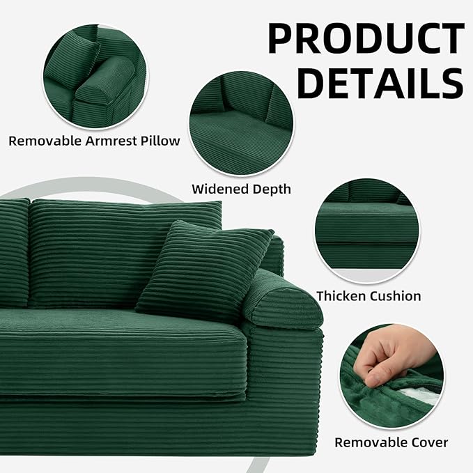 Folding Convertible Sofa Bed 78 Inch Corduroy Boneless Cloud Couch Futon Compressed Pull Out Loveseat Sleeper Bed Foldable Floor Mattress Sofa for Living Room Bedroom Green