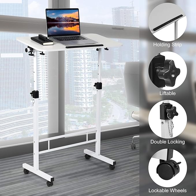 Small Standing Desk Adjustable HeightRolling Computer DeskMobile Standing Desk with WheelsPortable Stand Up DeskTall Computer TableAdjustable Desktop Sit Stand DeskSize 31.5x15.7 Inch White