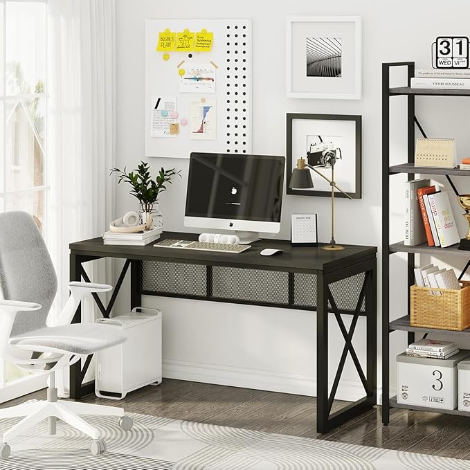 BON AUGURE Black Computer Desk Modern Gaming Desk Industrial Wood Office Desks Sturdy Writing Desks for Home Office Living Room Study Workstation Bedroom (Black 54 Inch)