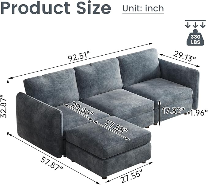 Guyii L Shaped Modern Sofa for 4 People Modular Sectional Couch with Storage Ottoman 4 Seater Sofa for Living Room Bedroom Apartment Office Easy Assemble Blue